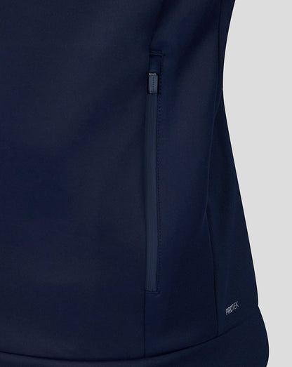 Navy blue jacket with a zipper on a light gray background