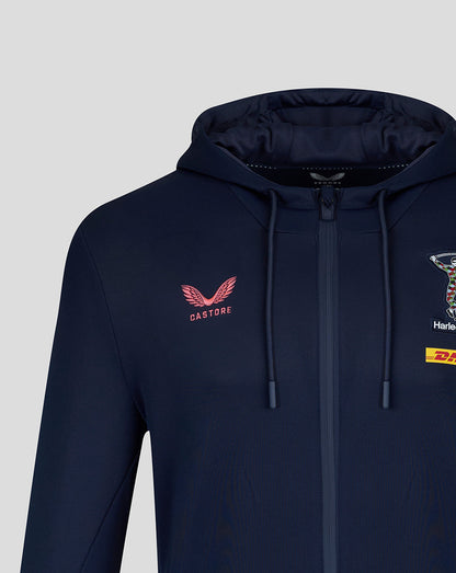 Navy blue hoodie with brand logos on a light gray background