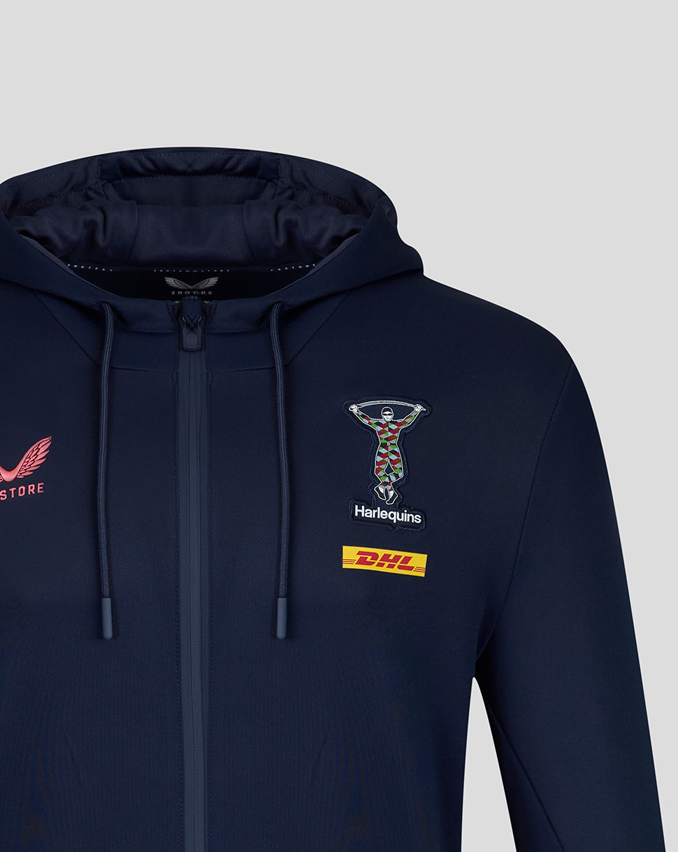 Harlequins 2026/27 travel full zip hoodie for men in navy with crest and DHL sponsor