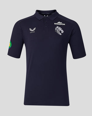 Front view of navy Leicester Tigers 2026/27 Travel Polo with Castore Breedon logos and tiger crest