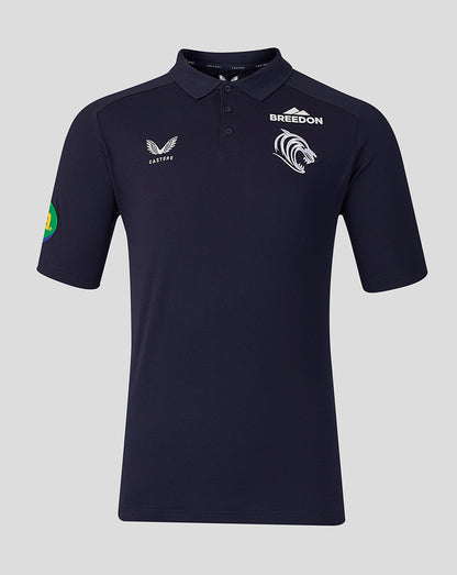 Front view of navy Leicester Tigers 2026/27 Travel Polo with Castore Breedon logos and tiger crest