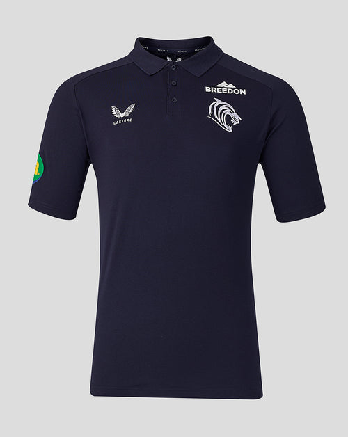 Front view of navy Leicester Tigers 2026/27 Travel Polo with Castore Breedon logos and tiger crest