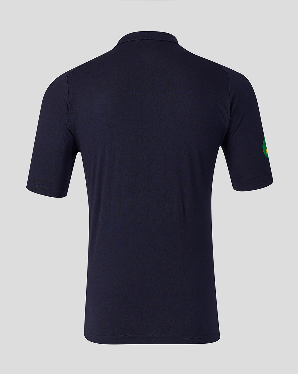 Navy Leicester Tigers Travel Polo shirt shown from the back with short sleeves and a small round patch on the left sleeve
