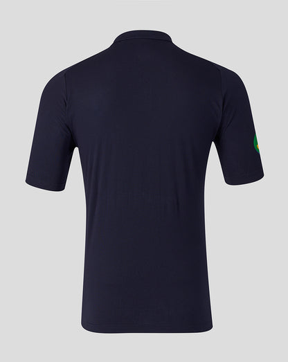 Navy Leicester Tigers Travel Polo shirt shown from the back with short sleeves and a small round patch on the left sleeve
