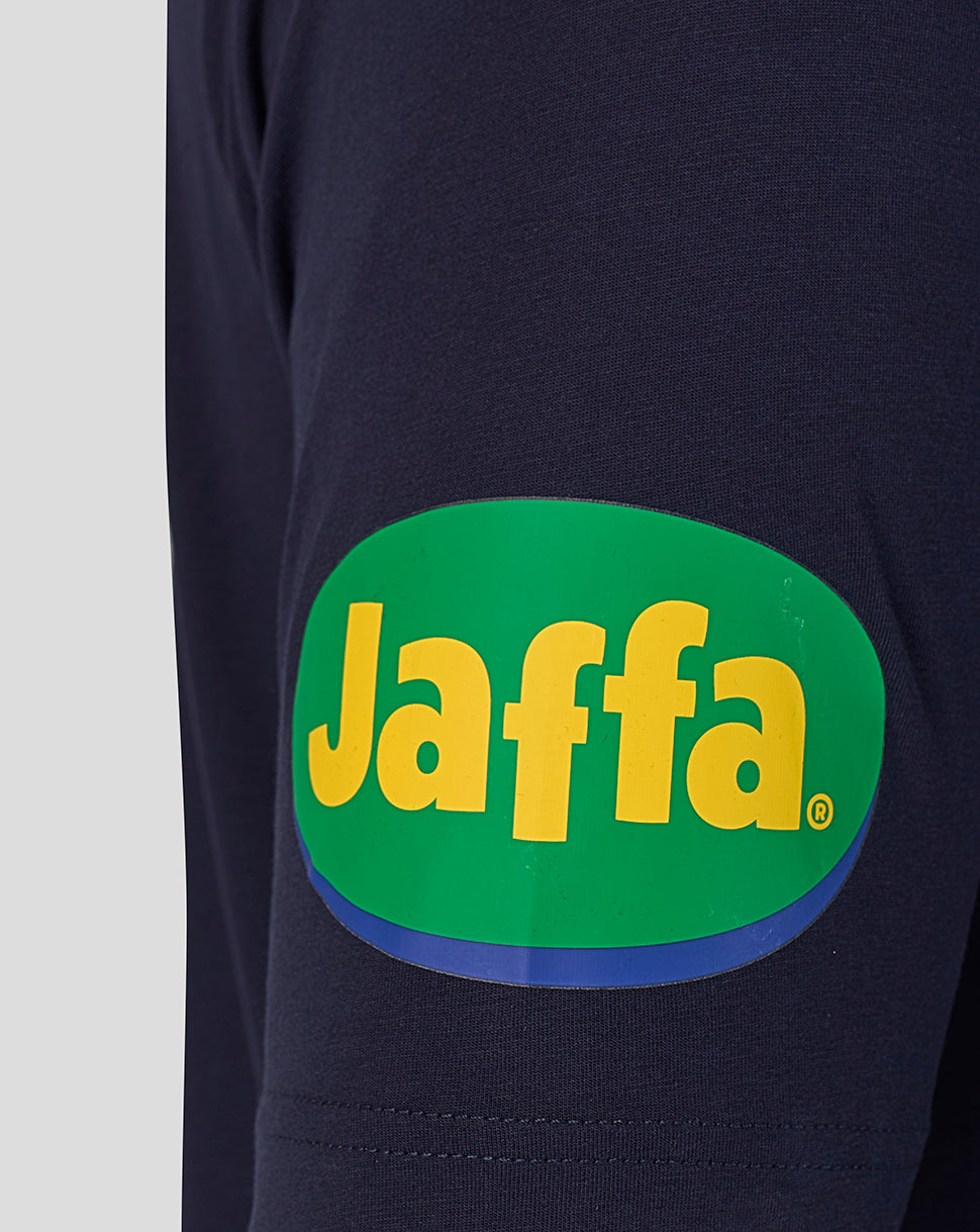Navy Leicester Tigers Travel Polo with a bold green and yellow Jaffa logo patch on the sleeve
