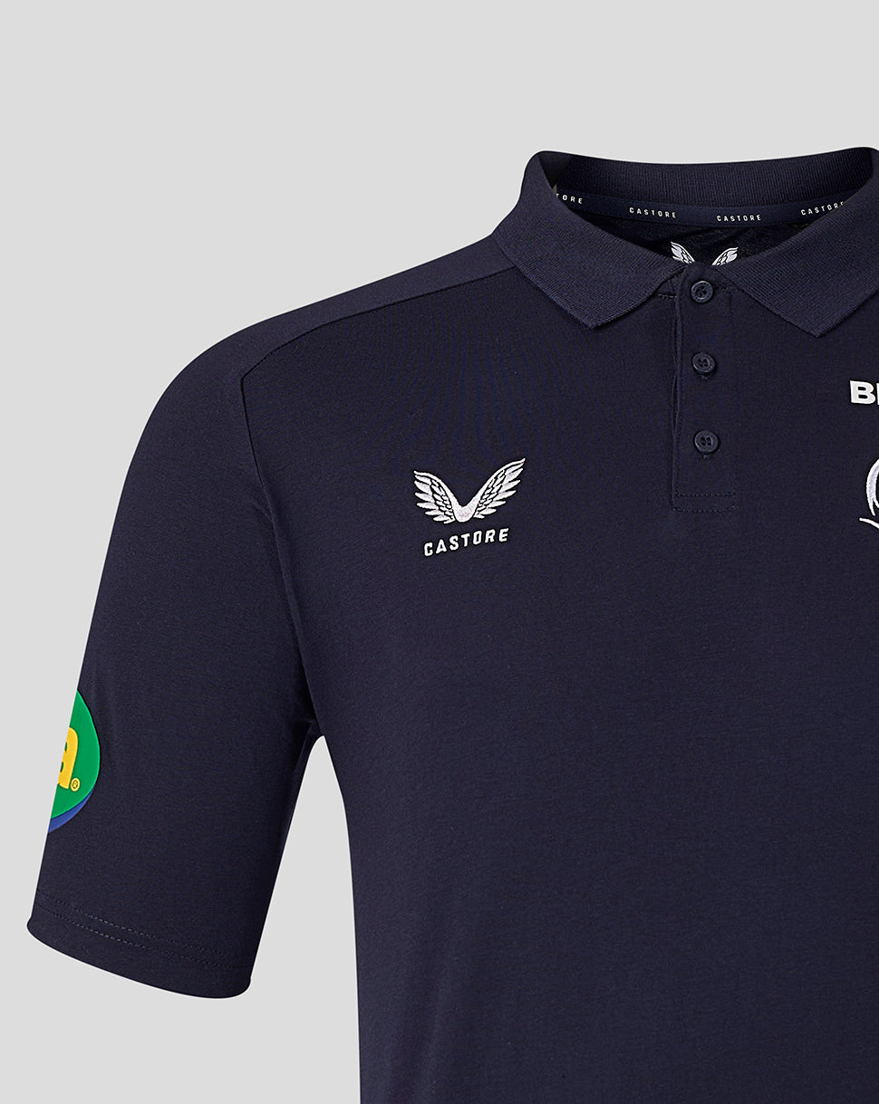 Close up of navy Leicester Tigers Travel Polo highlighting the polo collar and three button placket with a white Castore wing logo on the chest
