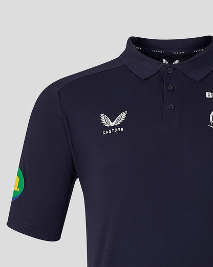 Close up of navy Leicester Tigers Travel Polo highlighting the polo collar and three button placket with a white Castore wing logo on the chest