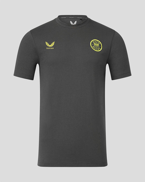 A dark gray short-sleeve t-shirt with a yellow and white logo on the left chest and a yellow circular logo on the right chest, displayed against a solid gray background.