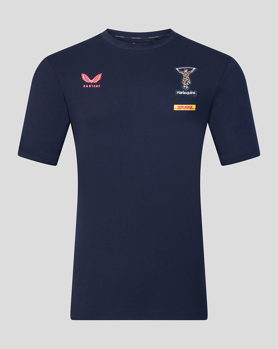 Front view of navy Harlequins travel T-shirt with Castore logo crest and DHL patch on the chest