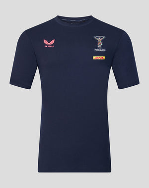 Front view of navy Harlequins travel T-shirt with Castore logo crest and DHL patch on the chest