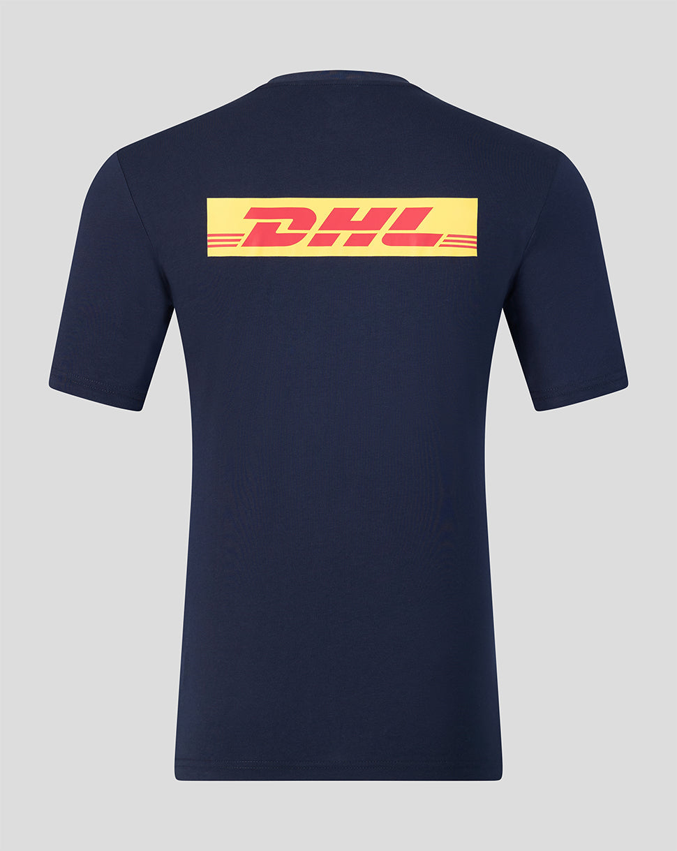 Back view of navy Harlequins Travel T Shirt with bold yellow DHL logo across the upper back