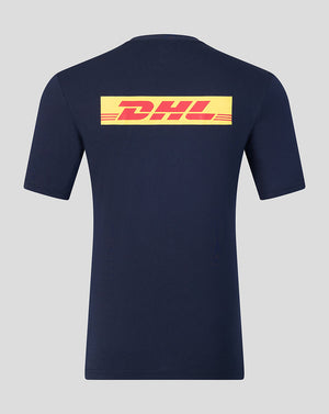 Back view of navy Harlequins Travel T Shirt with bold yellow DHL logo across the upper back