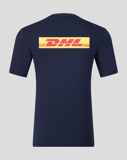 Back view of navy Harlequins Travel T Shirt with bold yellow DHL logo across the upper back