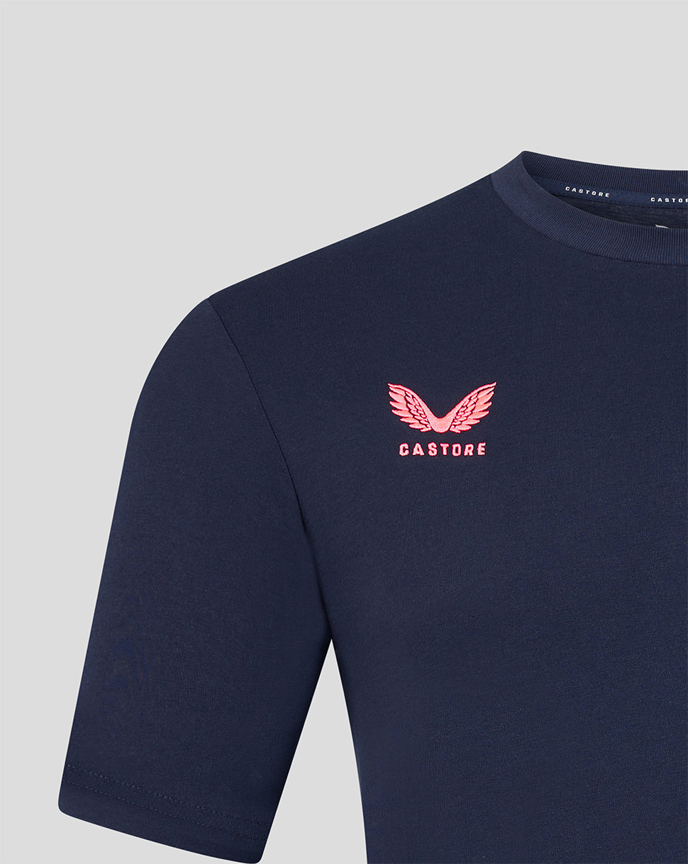 Close up of navy Travel T Shirt chest showing embroidered Harlequins crest and DHL patch