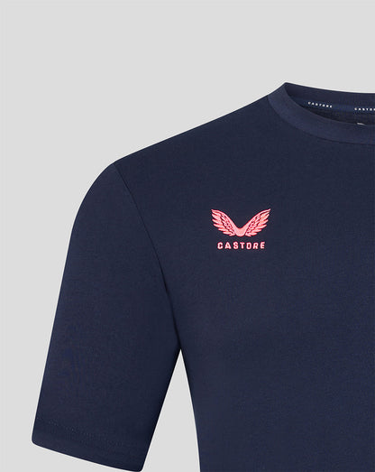 Close up of navy Travel T Shirt chest showing embroidered Harlequins crest and DHL patch