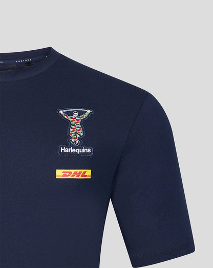 Navy T shirt left chest features embroidered Harlequins crest patch with DHL logo beneath