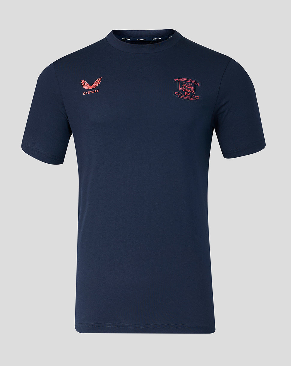 Navy blue t-shirt with red logos on a light gray background