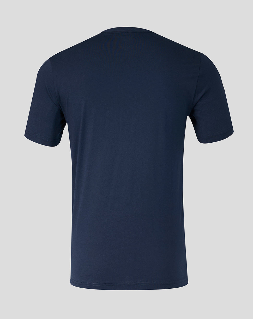 Navy blue t-shirt on a light gray background