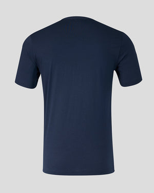 Navy blue t-shirt on a light gray background