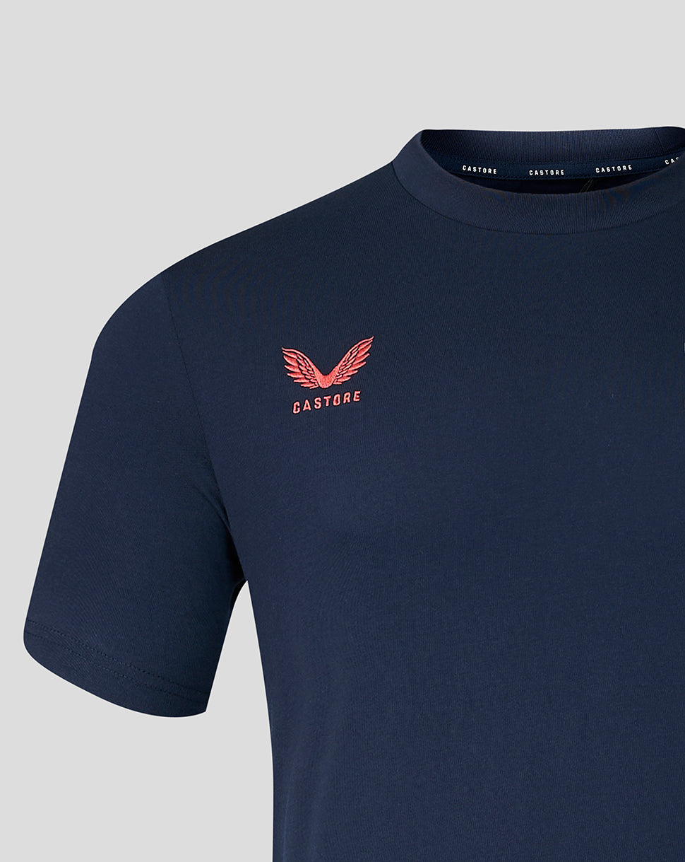 Navy blue t-shirt with red logo on a light gray background