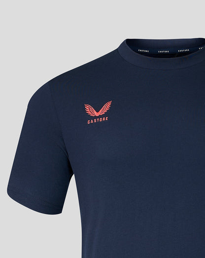 Navy blue t-shirt with red logo on a light gray background