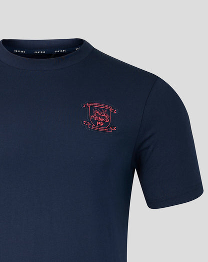 Navy blue t-shirt with a red logo on a light gray background