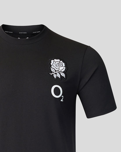 Black England Rugby 26/27 Off Pitch T shirt with white rose emblem and O2 branding on the chest