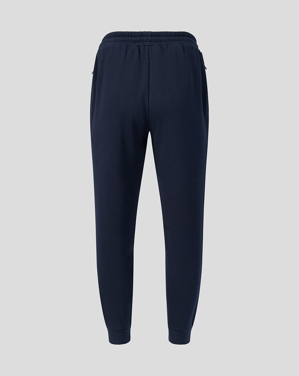 Harlequins navy travel joggers shown from back with tapered legs and ribbed cuffs