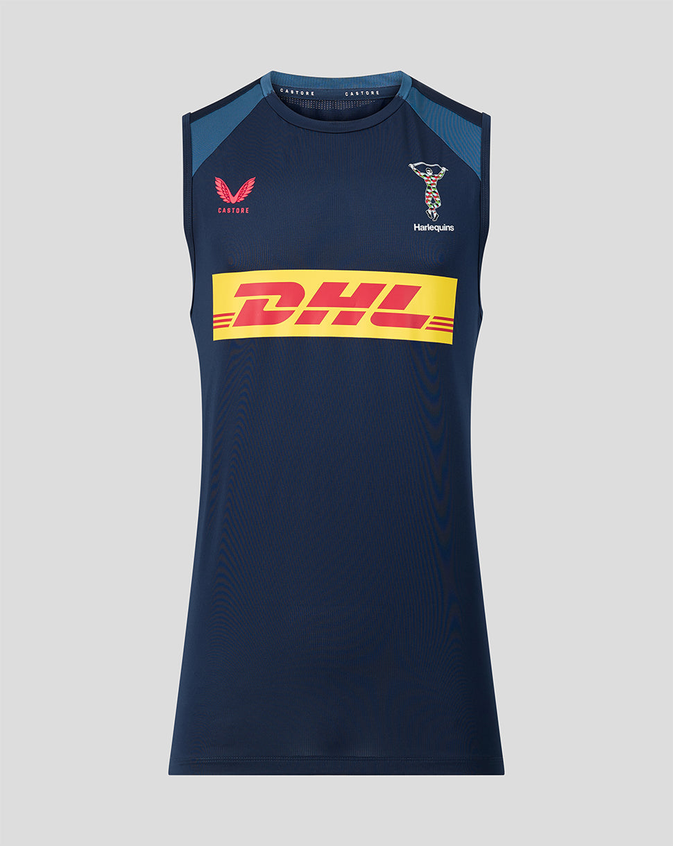 Navy sleeveless shirt with DHL logo on a gray background