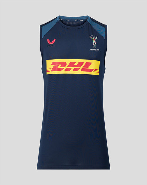 Navy sleeveless shirt with DHL logo on a gray background