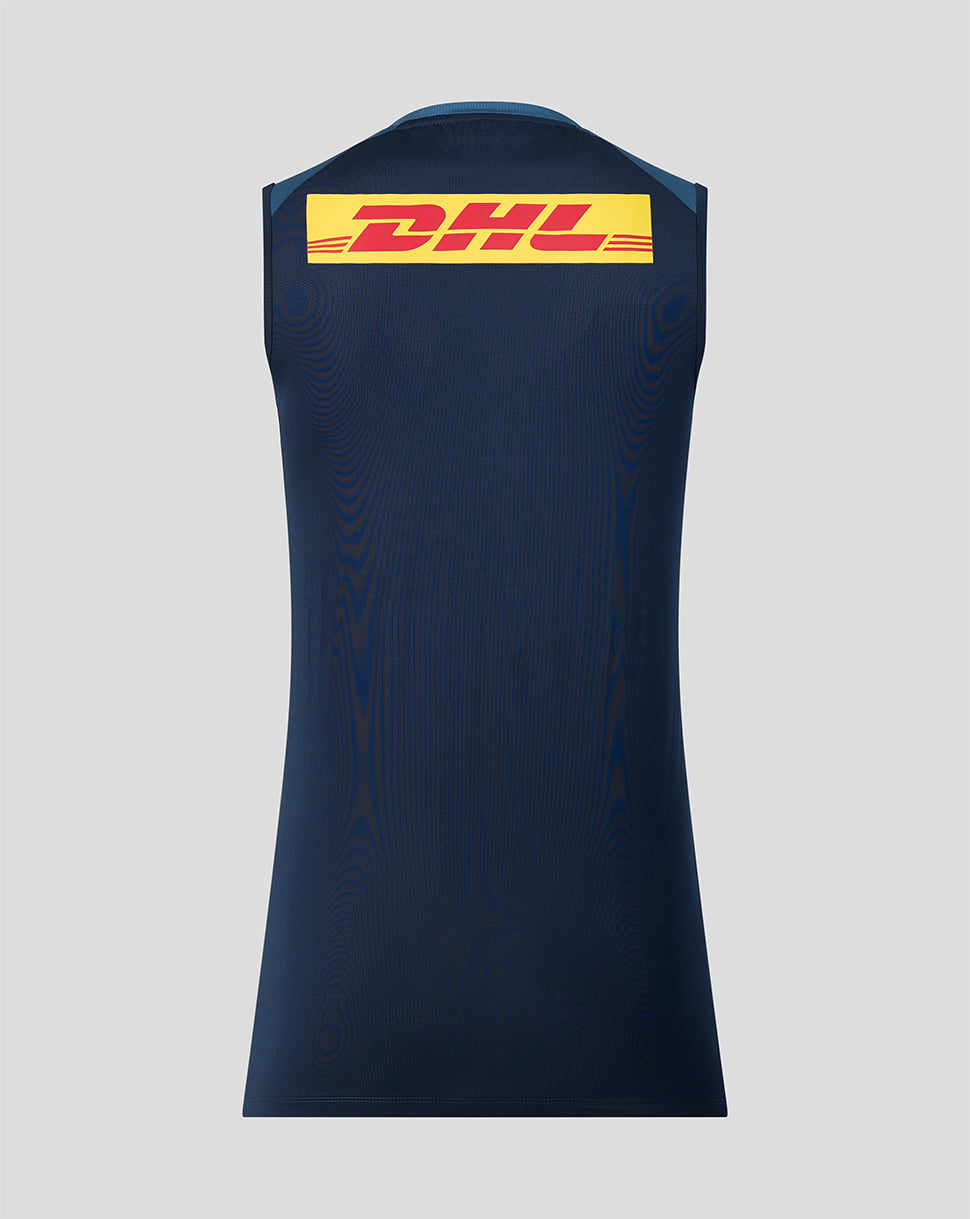 Navy sleeveless shirt with DHL logo on a gray background