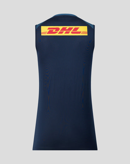 Navy sleeveless shirt with DHL logo on a gray background