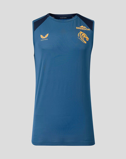 Blue Leicester Tigers training vest with yellow Breedon tiger crest on the chest and Castore branding.