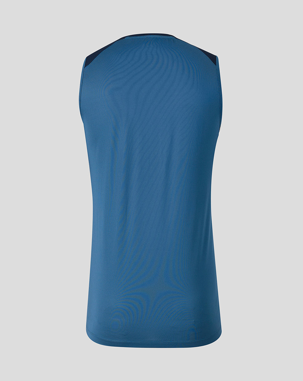 Back view of blue Leicester Tigers 2026/27 training vest with darker shoulder panels