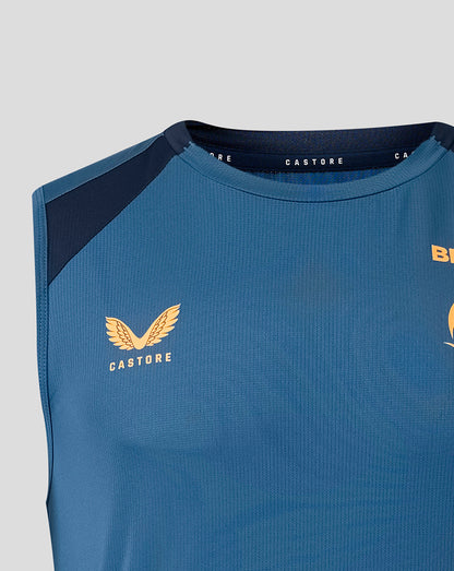 Close-up of blue Leicester Tigers vest chest with Castore branding at the neckline and BREEDON sponsor logo