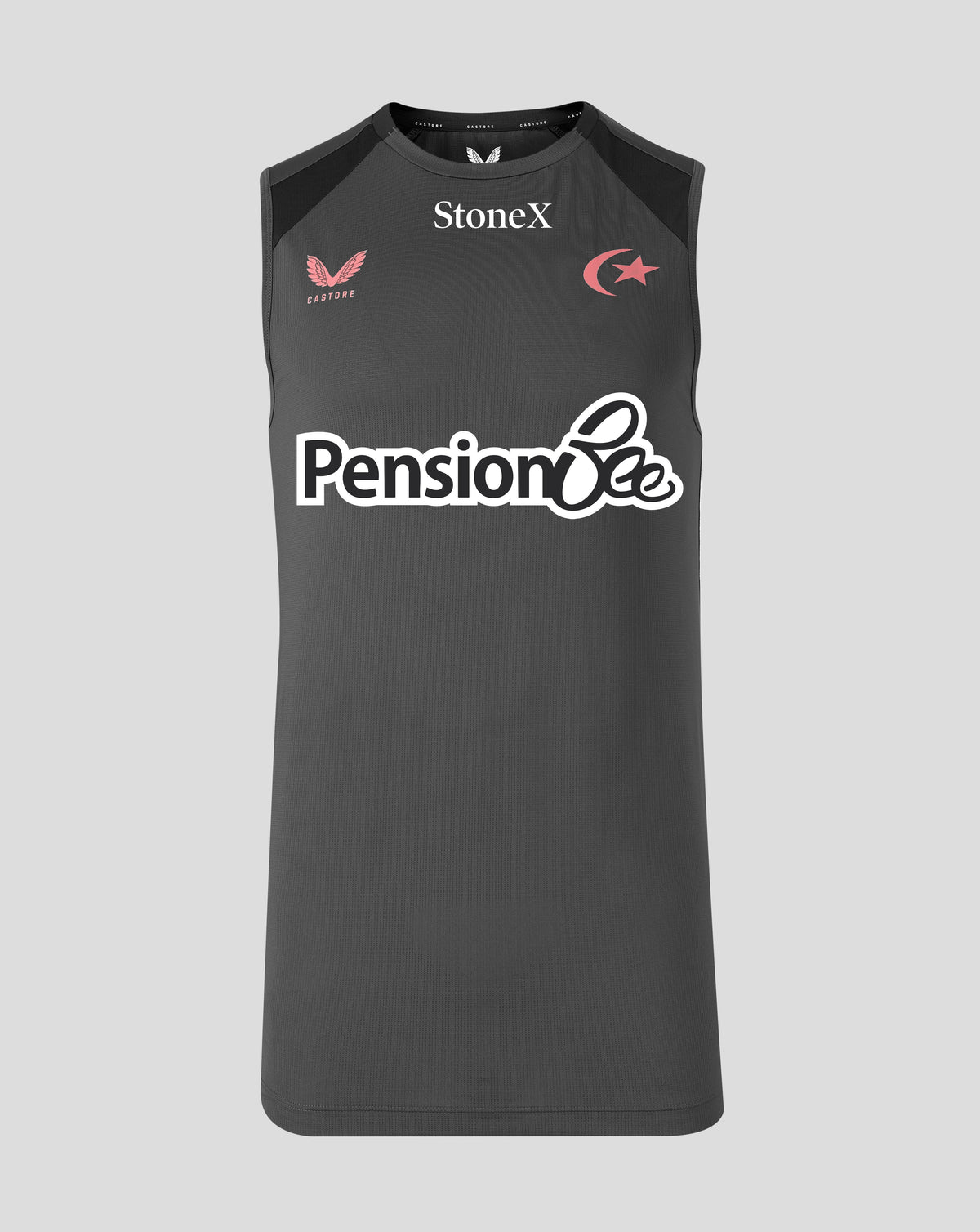 A dark gray sleeveless athletic tank top with 'Pension Bee' printed in white across the chest, featuring 'StoneX' in white at the collar, a red emblem on the wearer's left chest, and a red Flyaway wing logo on the wearer's right chest, displayed on a solid light gray background.