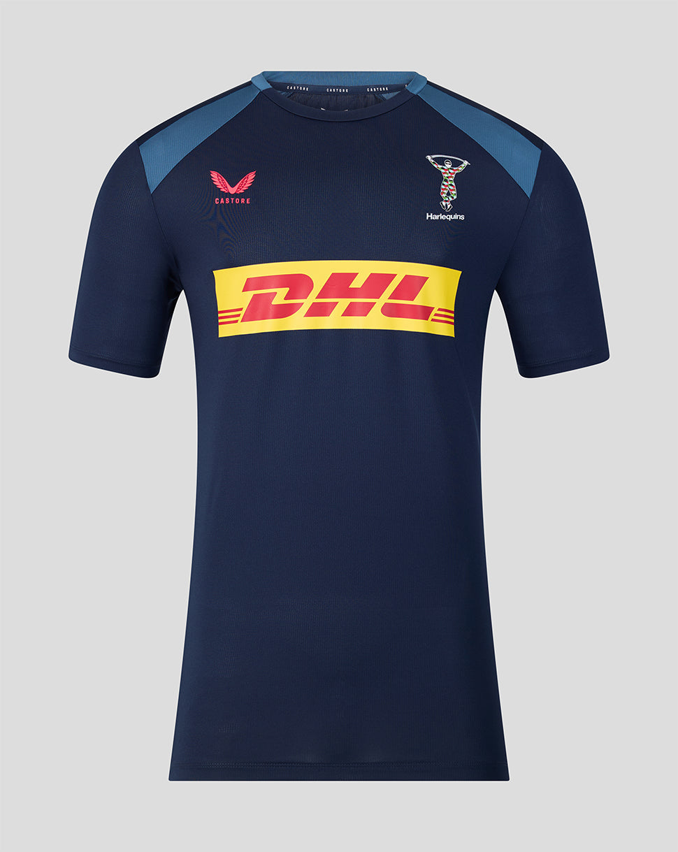 Navy blue sports jersey with DHL logo on a gray background
