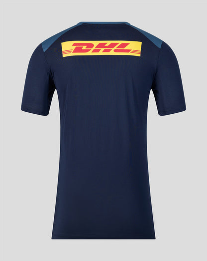 Navy blue sports jersey with DHL logo on a gray background