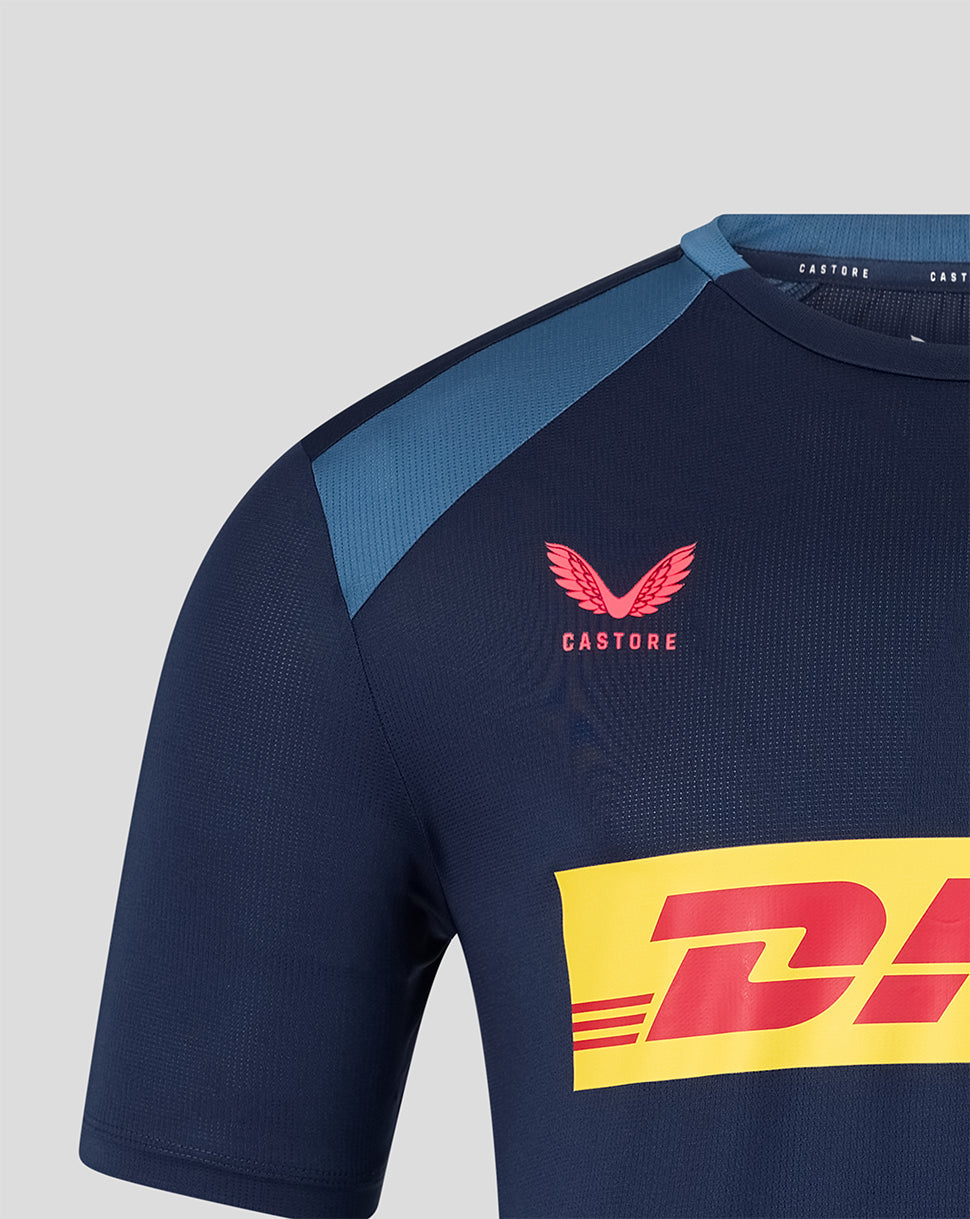 Navy rugby jersey with Castore and DHL logos on a light gray background