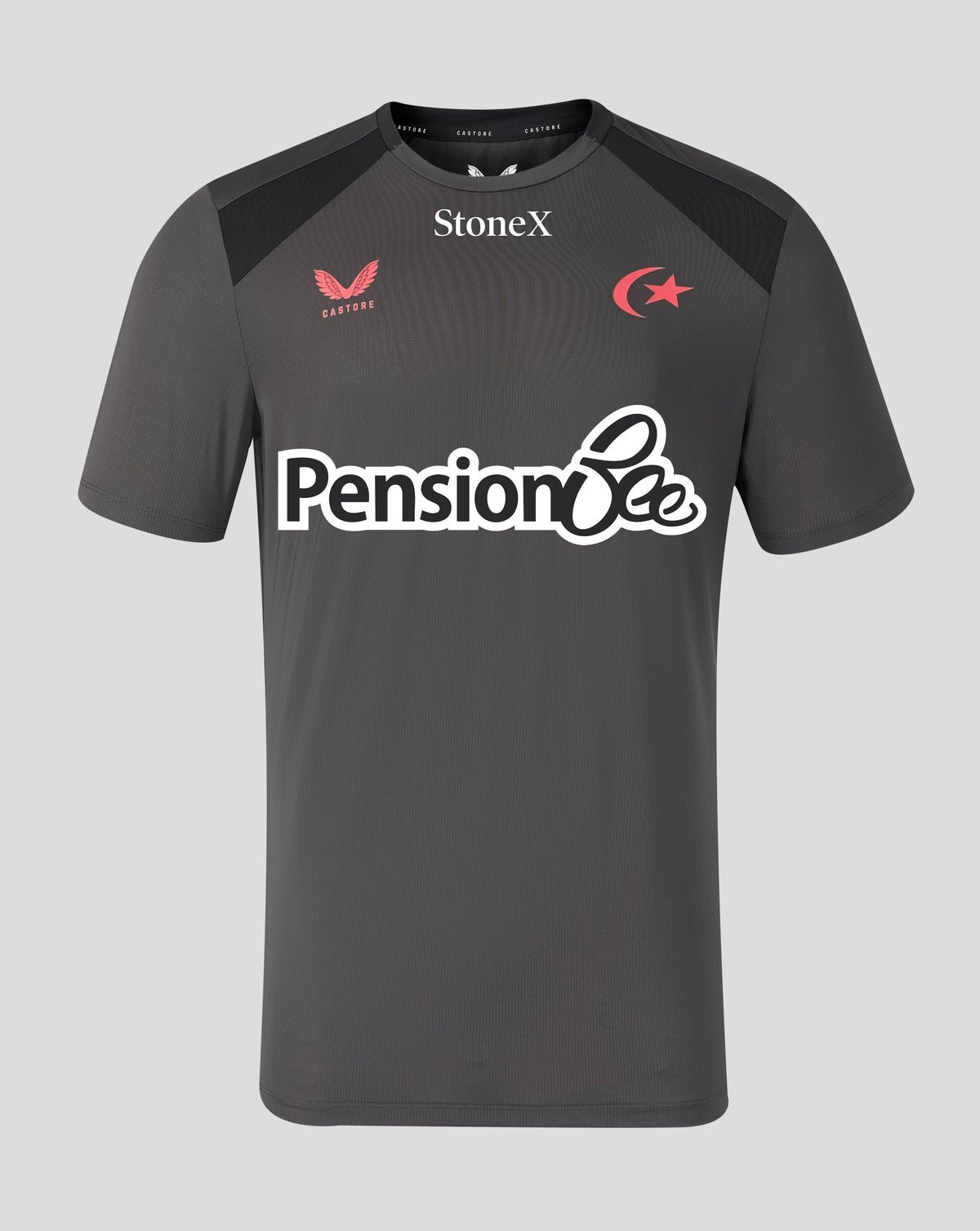 A dark gray short-sleeve athletic jersey with black shoulder panels, featuring the 'Pension Bee' sponsor logo in white across the chest, the 'StoneX' brand logo at the collar, and red and white team crest logos on the shoulders.