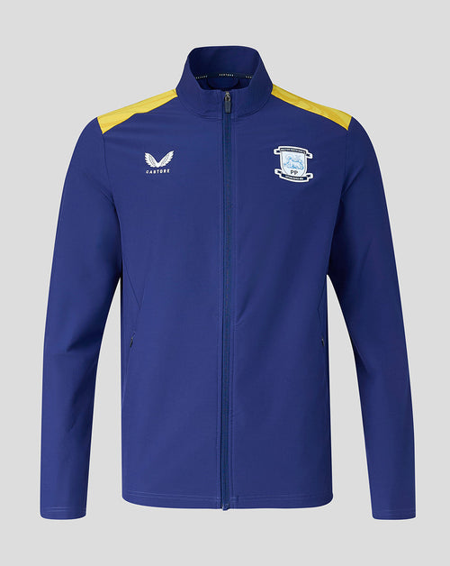 Blue jacket with yellow accents on a gray background