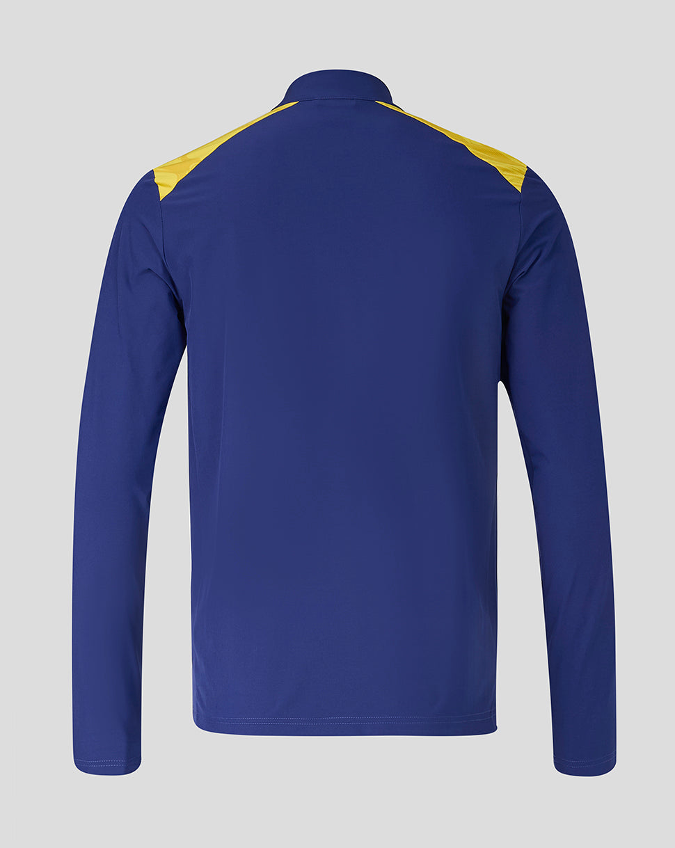 Blue long-sleeve shirt with yellow accents on a gray background