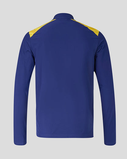 Blue long-sleeve shirt with yellow accents on a gray background