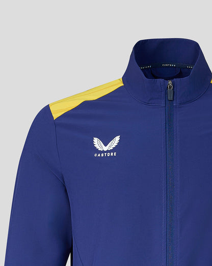 Blue jacket with yellow accents and a visible brand logo on a gray background