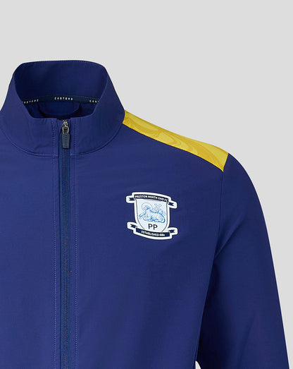 Blue jacket with a logo on a gray background