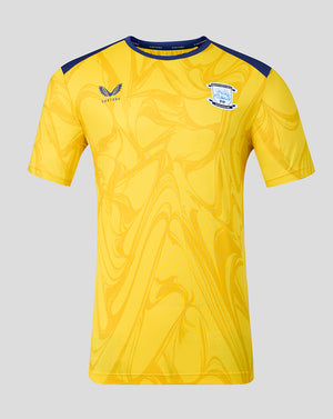 Bright yellow Preston North End junior matchday short sleeve T shirt with blue shoulder panels and club crest