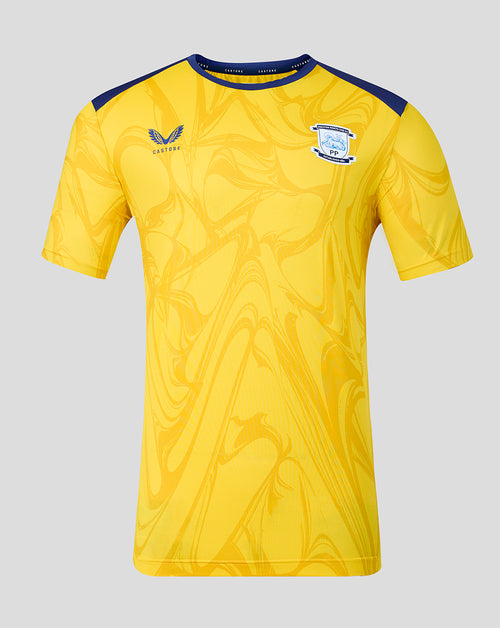 Bright yellow Preston North End junior matchday short sleeve T shirt with blue shoulder panels and club crest