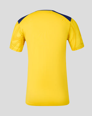 Rear view of the Preston North End junior matchday short sleeve T shirt in bright yellow with blue shoulder panels
