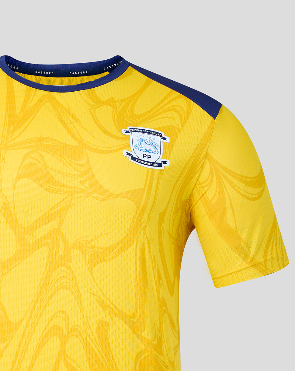 Collar and upper chest of yellow Preston North End jersey with blue trim and crest