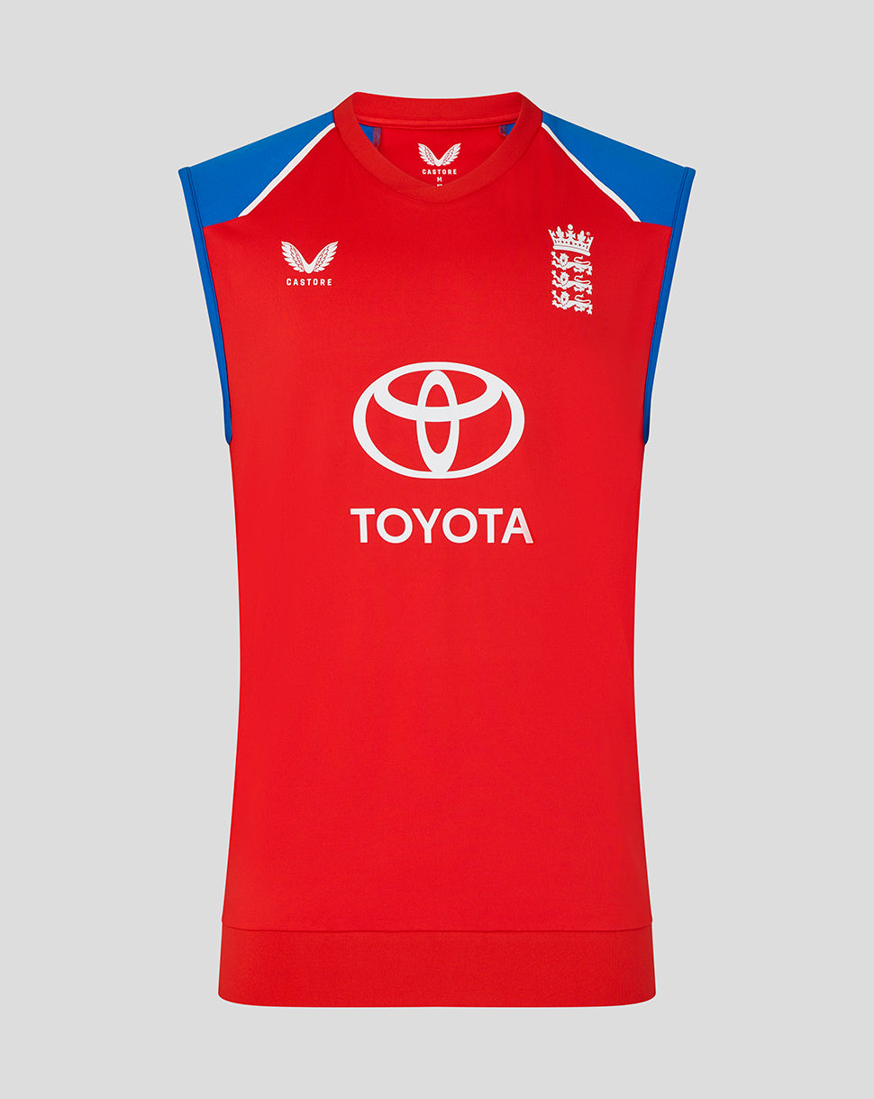 Red sleeveless sports top with blue shoulders featuring Toyota logo on a gray background